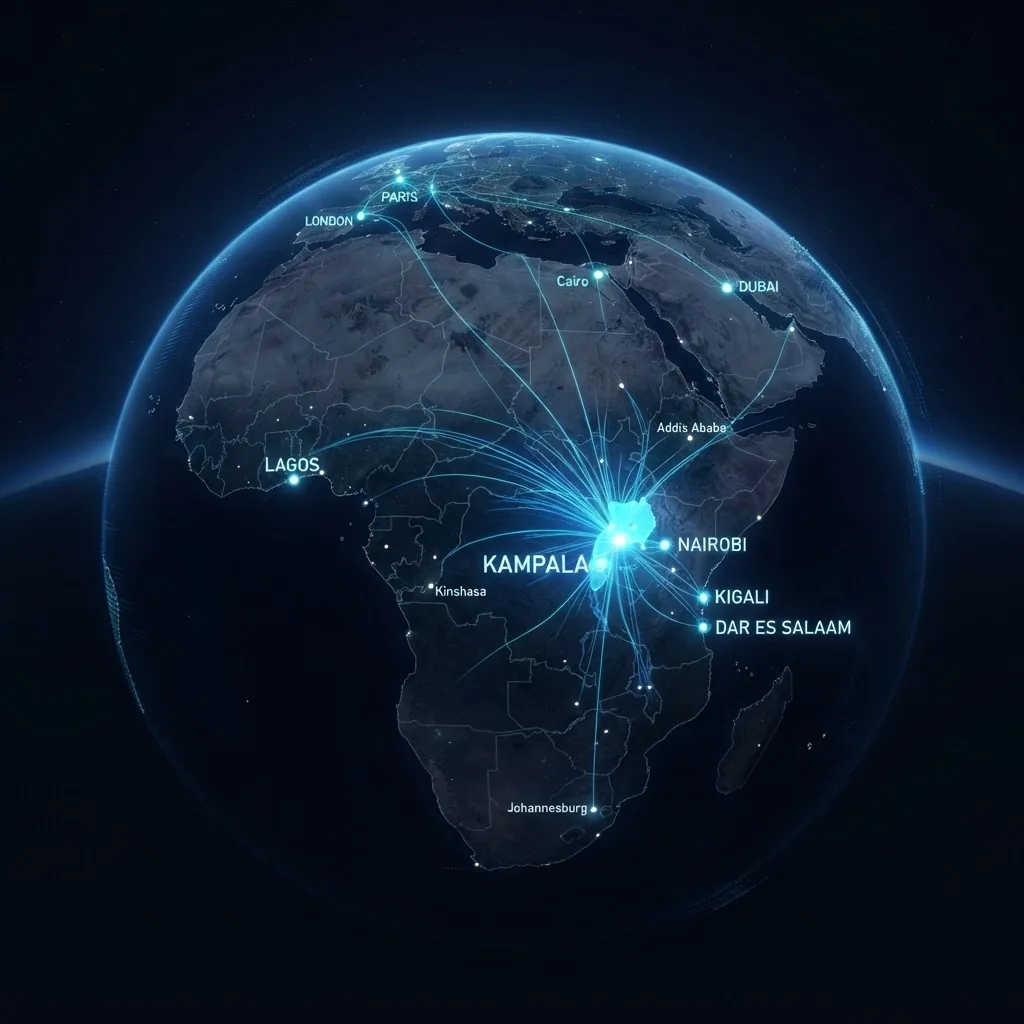 Africa at night with glowing network connections radiating from Uganda