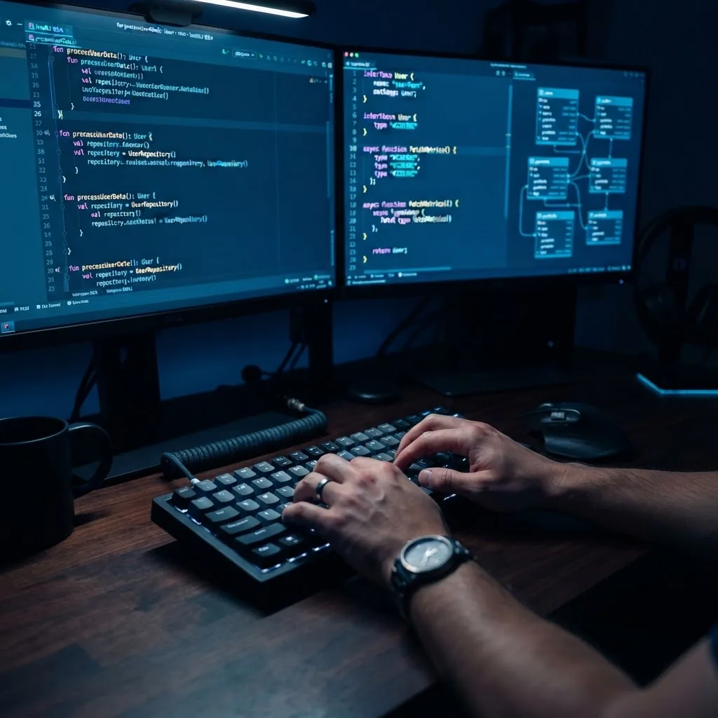 DeryCode engineer writing code on dual monitors at night