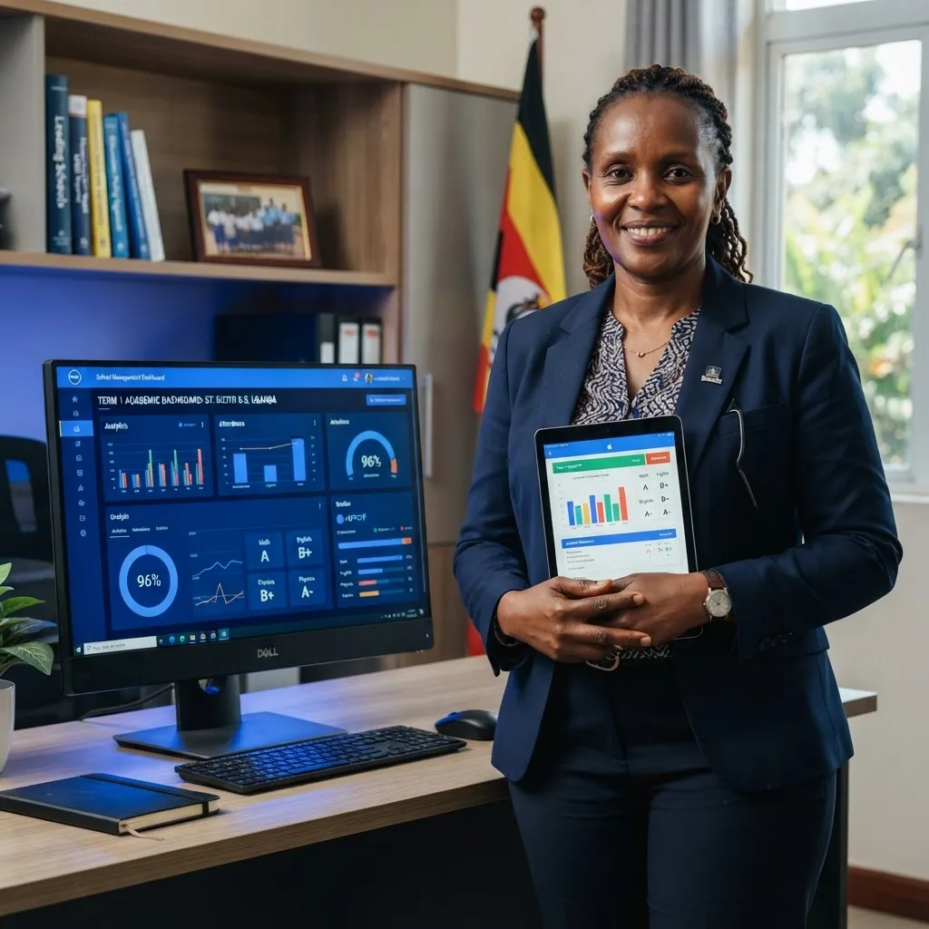 Ugandan headteacher with school management dashboard on screen