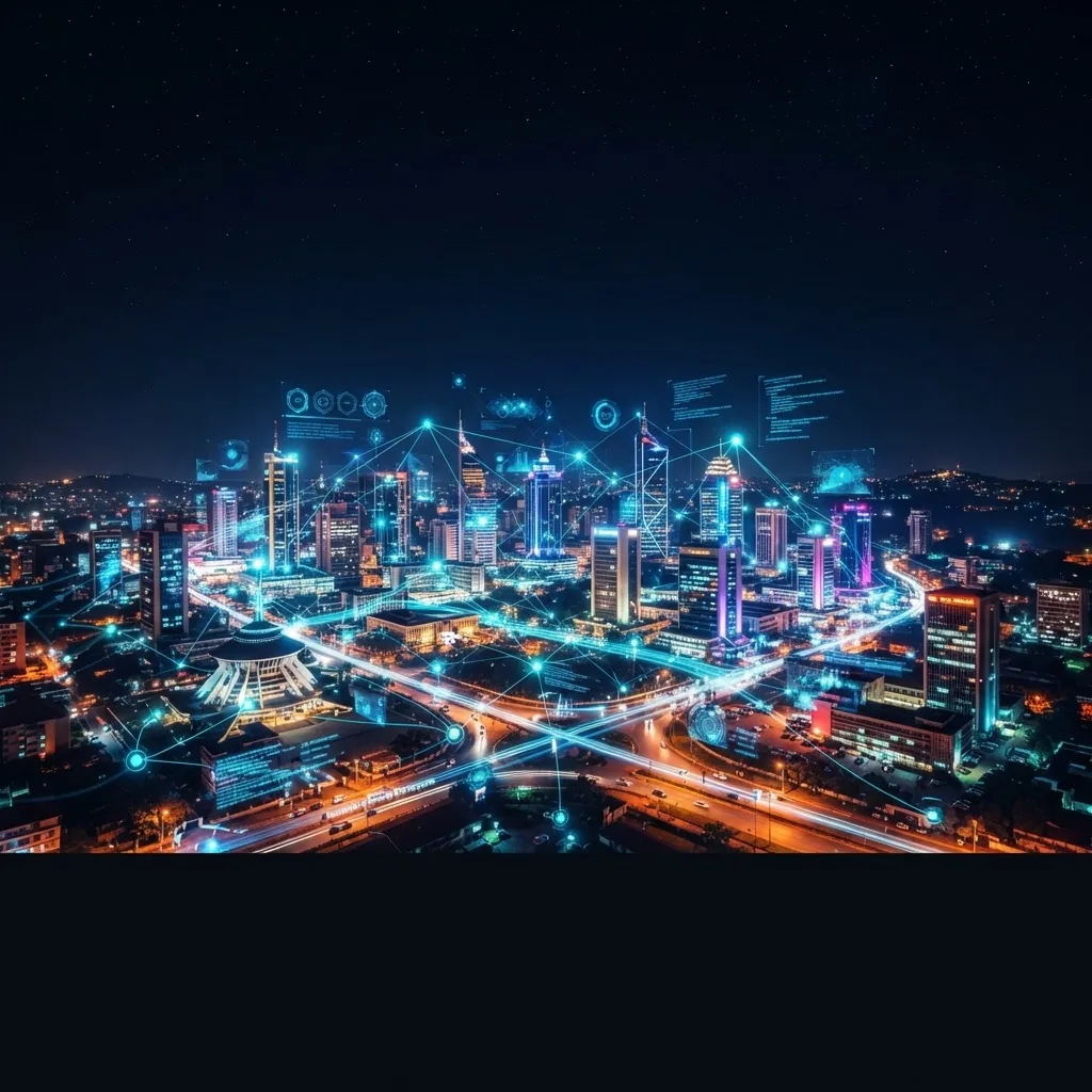 Futuristic Kampala skyline at night with glowing digital networks