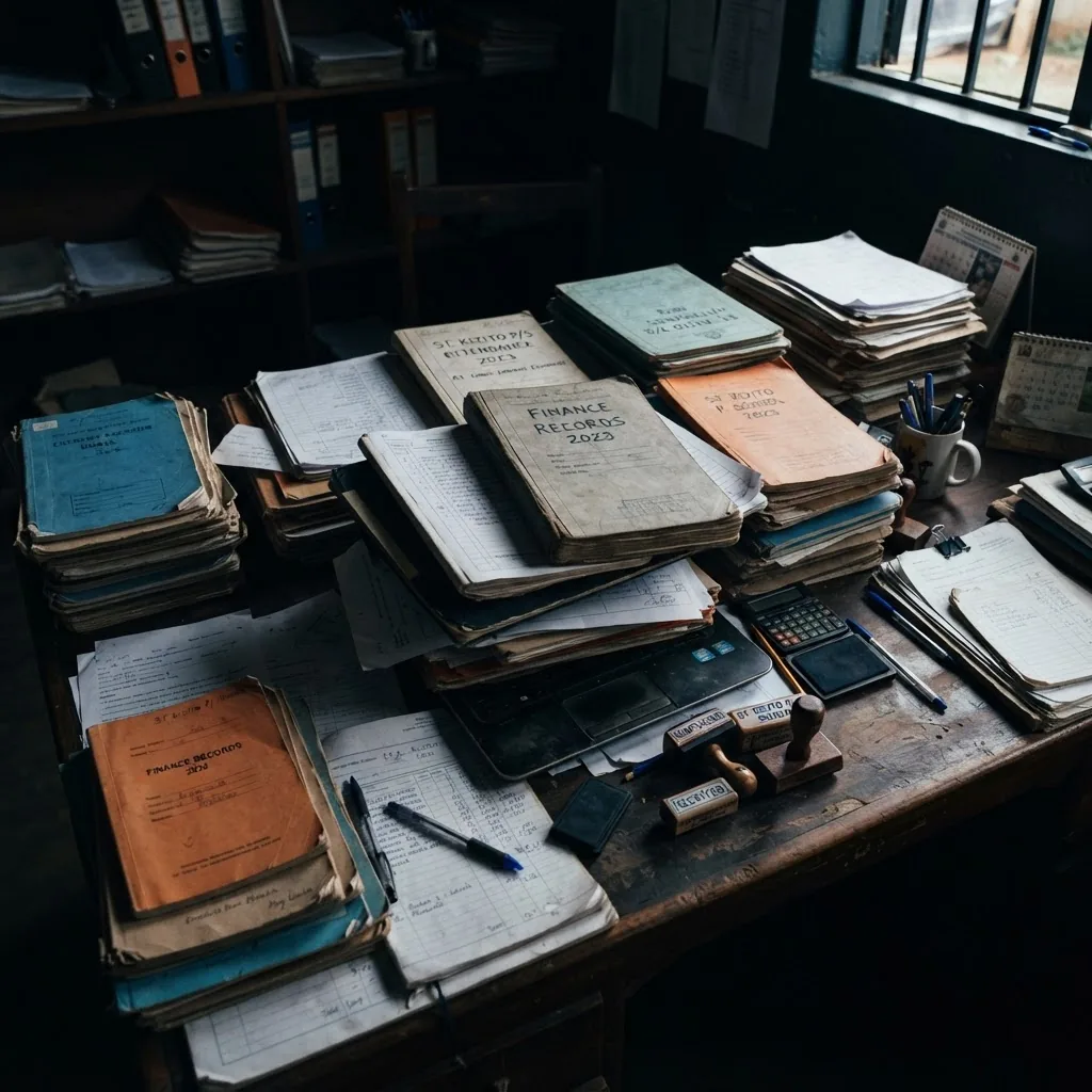 Piles of paper ledgers and handwritten records on an office desk